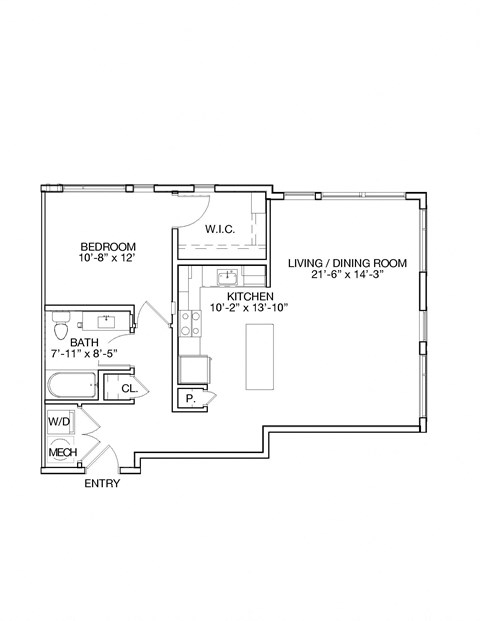 Floor plan for 1 bed, 1 bath, 899 sqft
